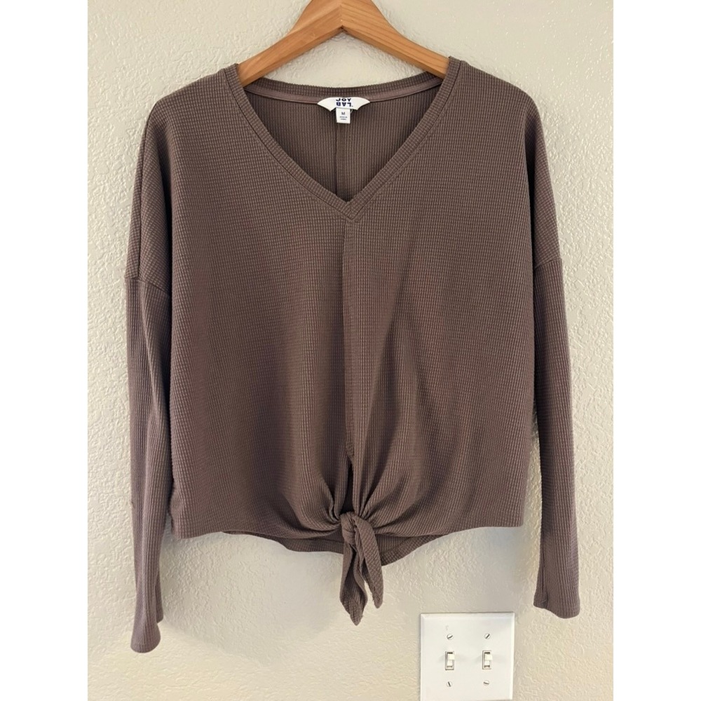 JoyLab‎ Womens Brown Waffle Knit V-Neck Front Tie Long Sleeve Thermal Top Medium